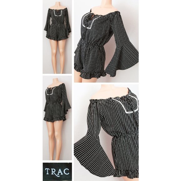 Black Stripe Off Shoulder Bell Sleeves Boho Romper - Picture 4 of 9